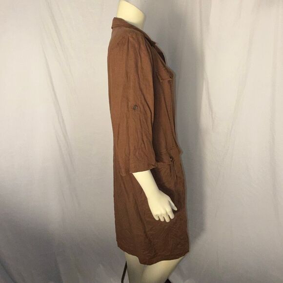 Vintage Maggy Linen Button-Front Utility Shirt Dress/Duster – Chestnut Brown, Si - Picture 6 of 13